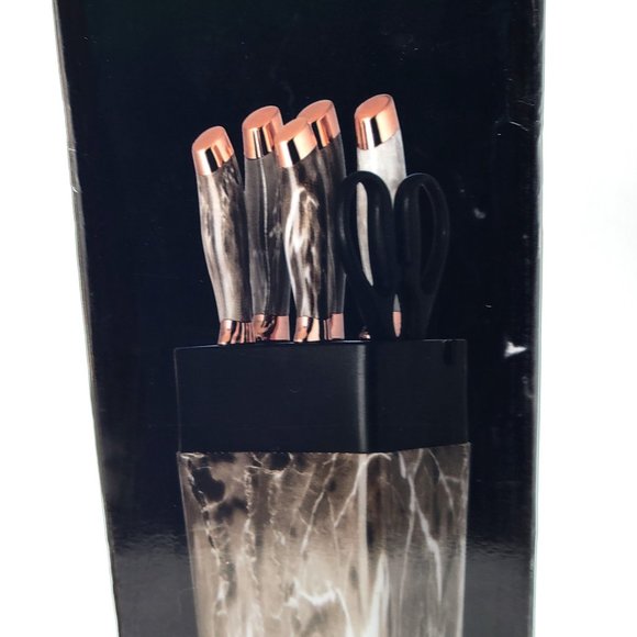 6 Knives Kitchen Cutlery White/Gold Handles Plastic Block Holder EVEYEALTH New - Picture 8 of 14